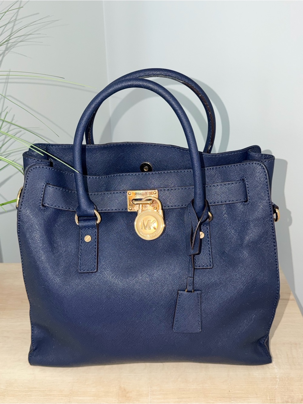 Michael Kors (AUTHENTIC) Navy Leather Satchel with Gold Hardware